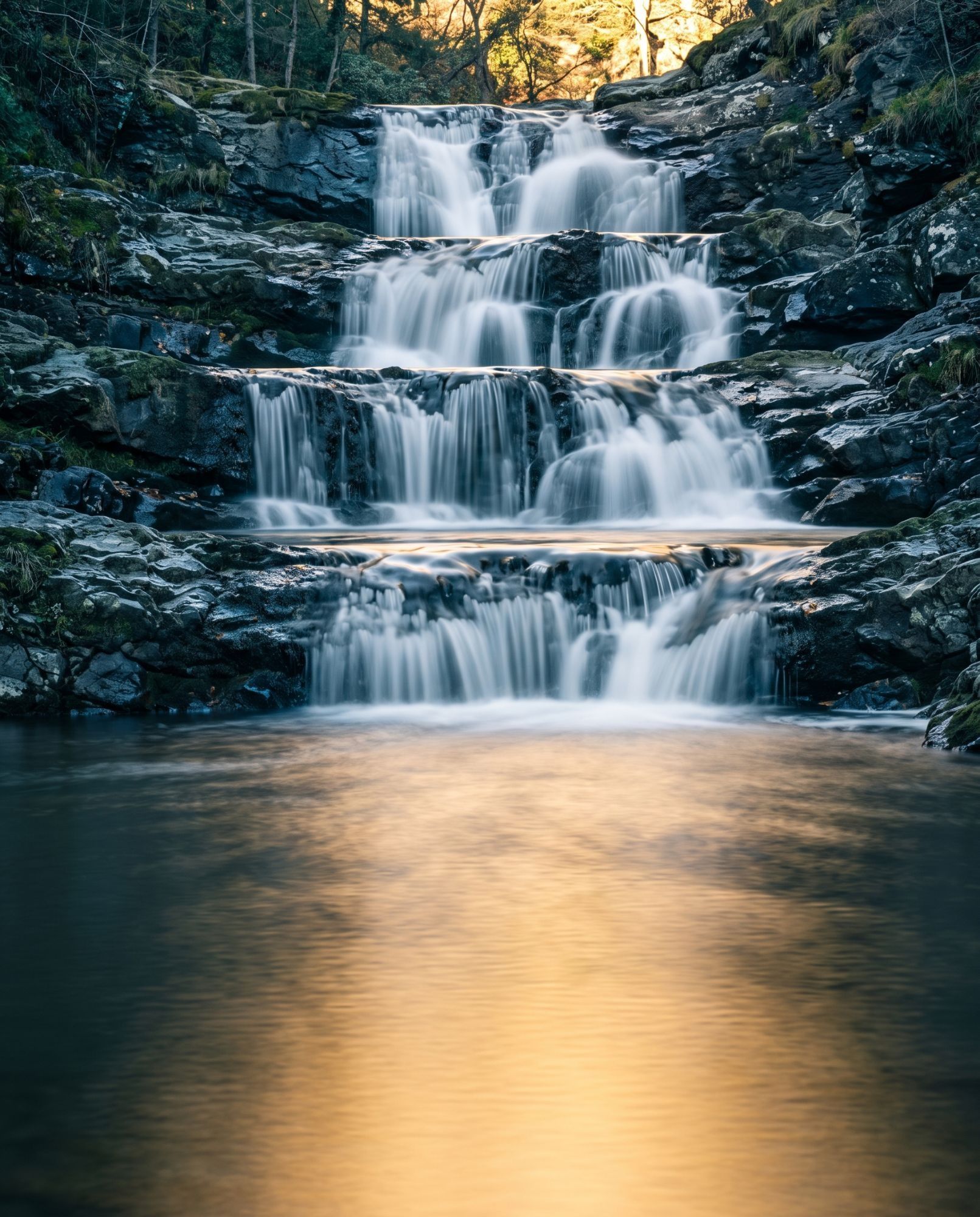 Cachoeira em quatro degraus de pedra escura que deságua num lago calmo, com reflexo de luz âmbar na água