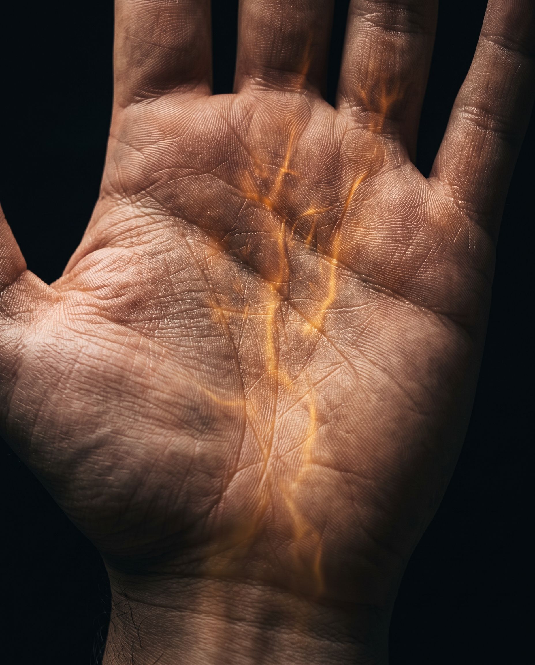 Palma da mão aberta sobre fundo preto, com linhas de luz âmbar acompanhando as linhas da pele