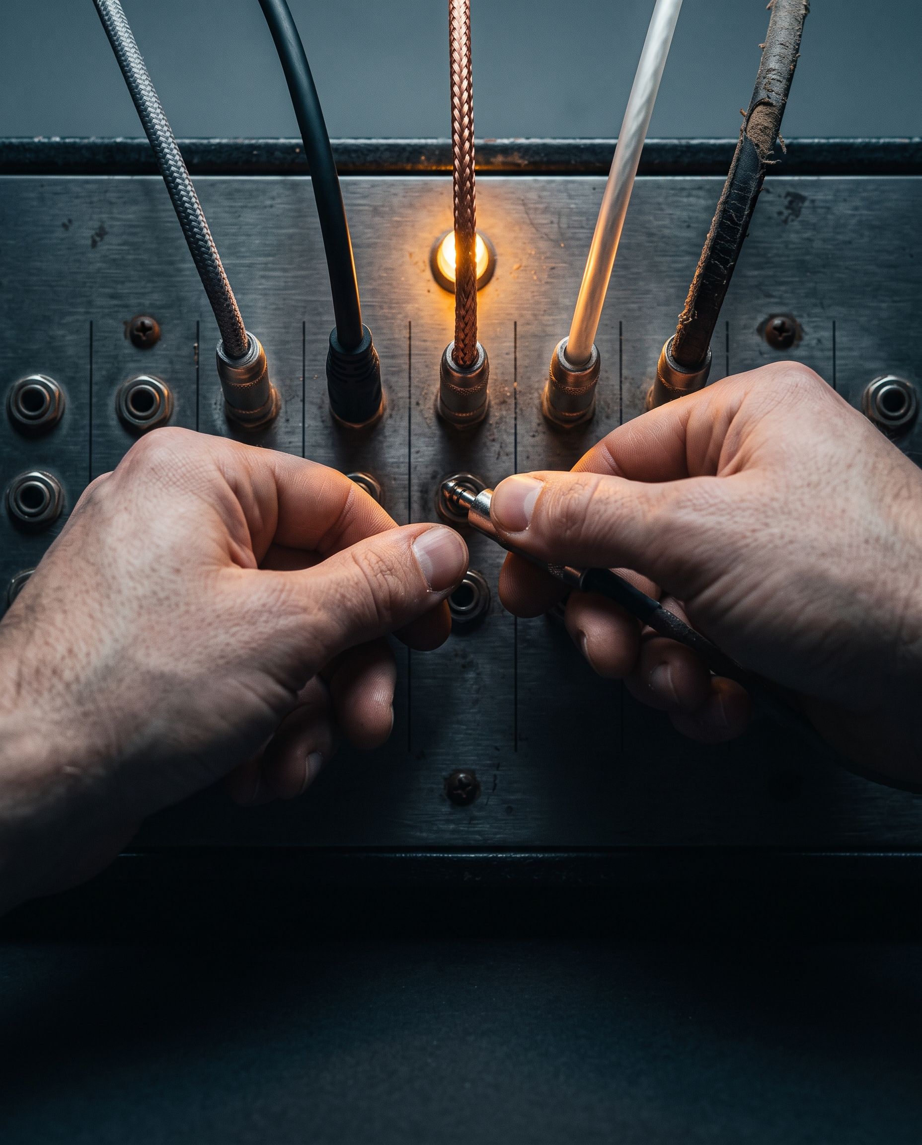 Mãos encaixando um plugue em um painel de conexões, com cinco cabos de materiais diferentes e uma luz âmbar acesa